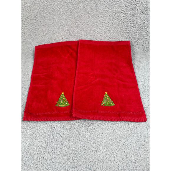 Kassa Fina Home Collection Red Hand Towels Set Of 2 Christmas Tree Design - Picture 1 of 3